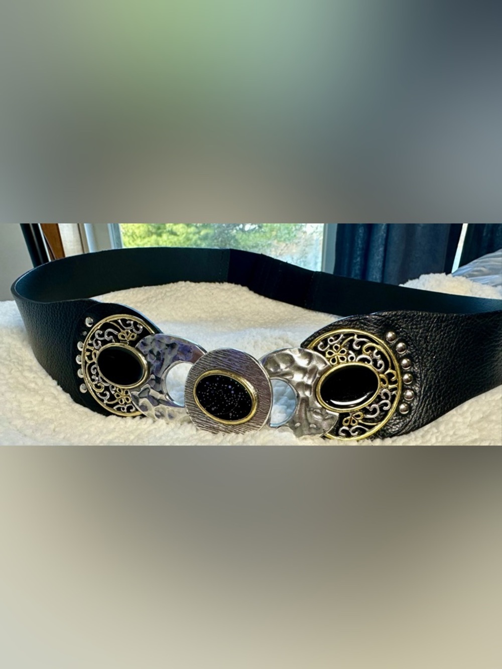 Chico's Black Leather Belt with Silver and Gold Decorative Buckles